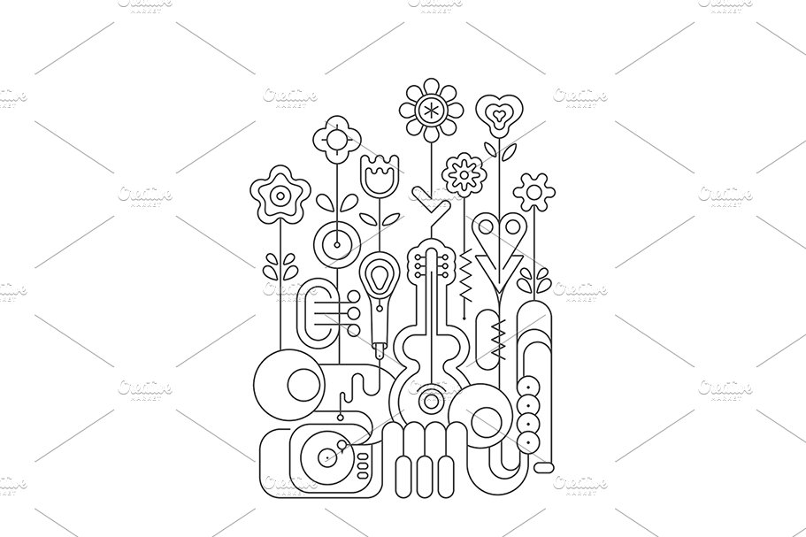 music instruments and flowers line art white 911 655