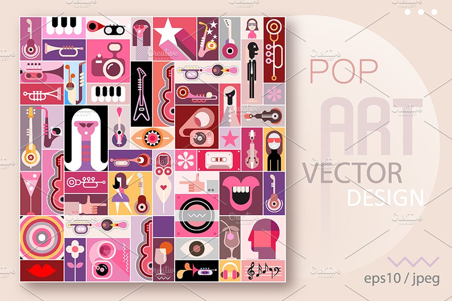 Pop Art Vector Design, music collage cover image.