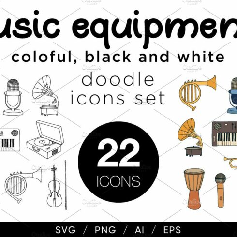 Musical instruments doodle icon set cover image.