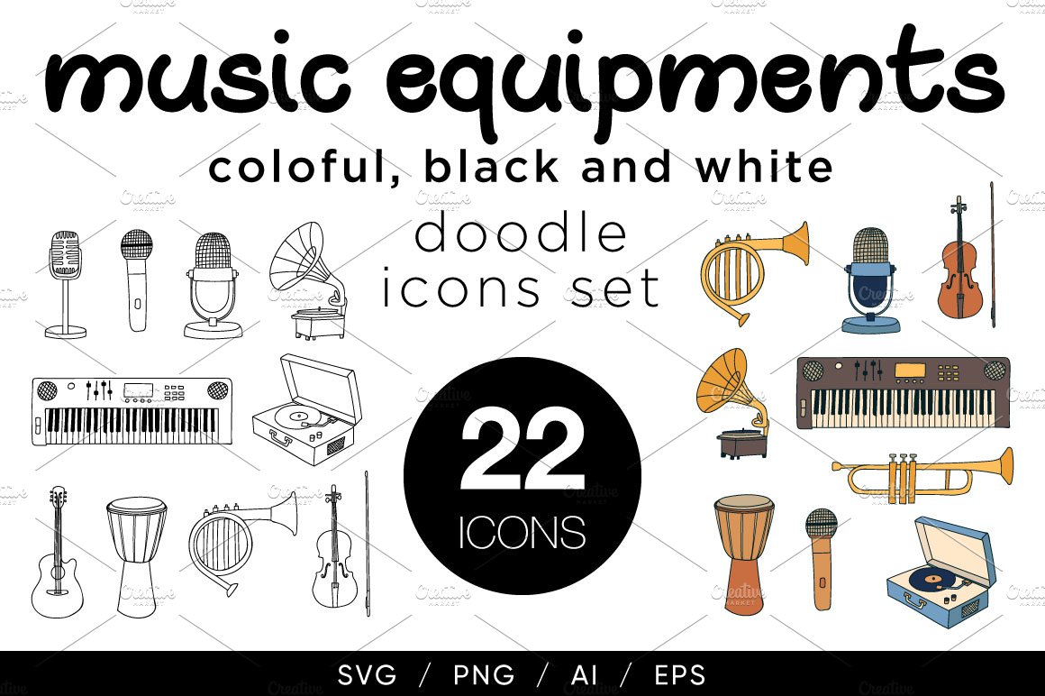 Musical instruments doodle icon set cover image.