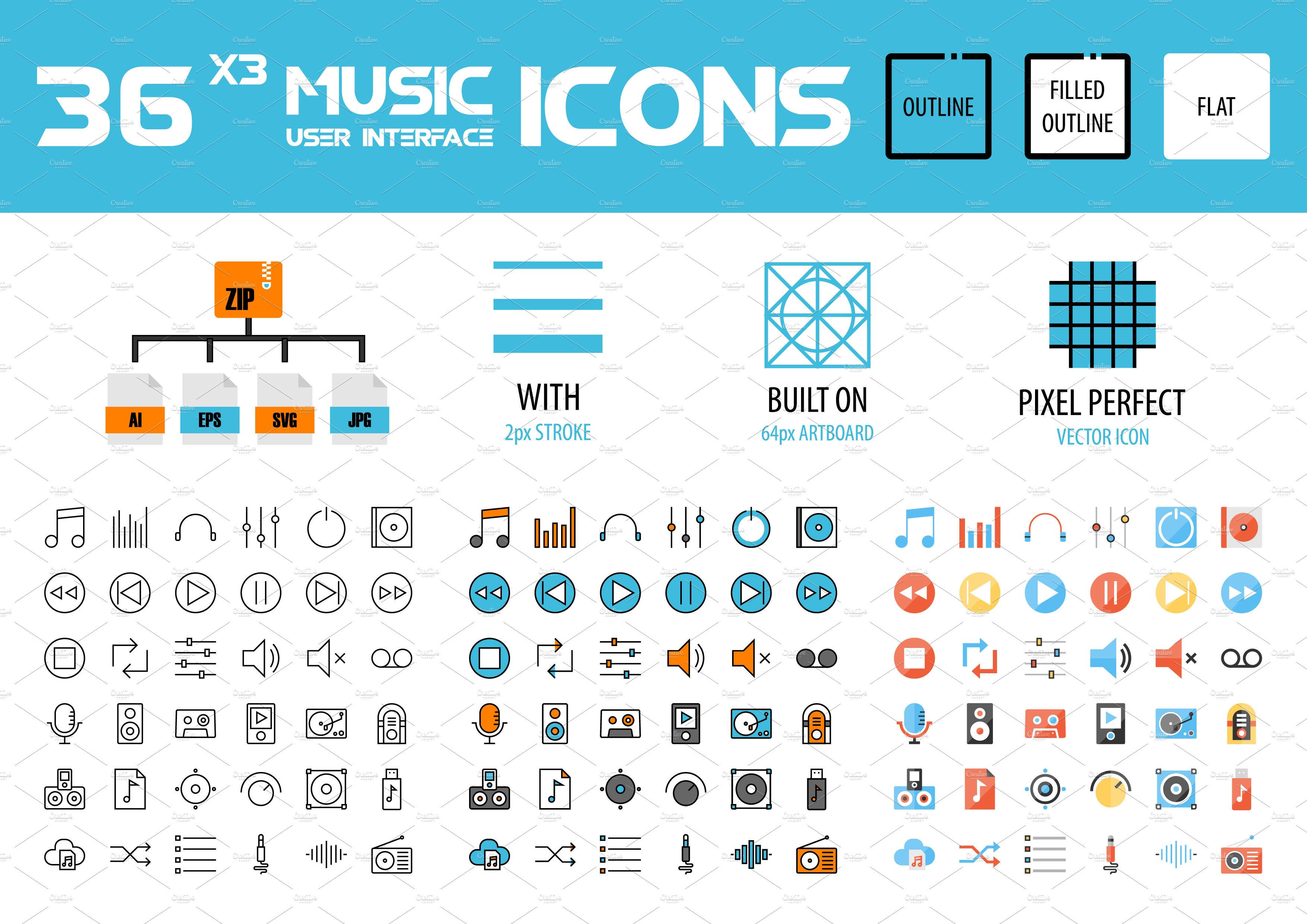 36x3 Music User Interface icons preview image.