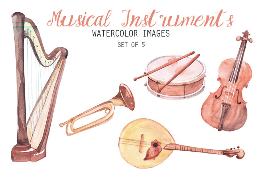 Watercolor Instruments Clipart cover image.