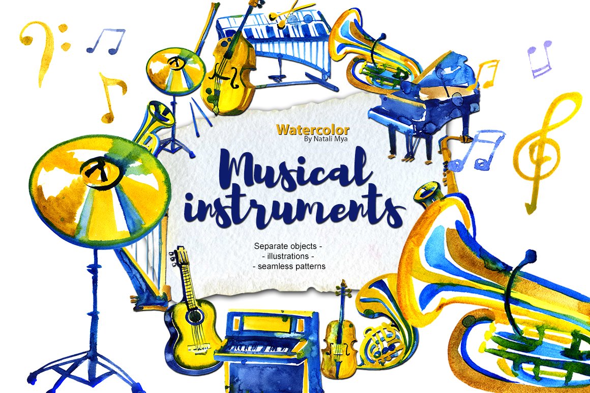 Watercolor musical instruments set cover image.