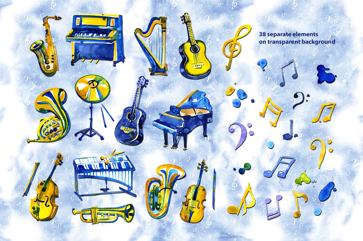 Watercolor musical instruments set preview image.