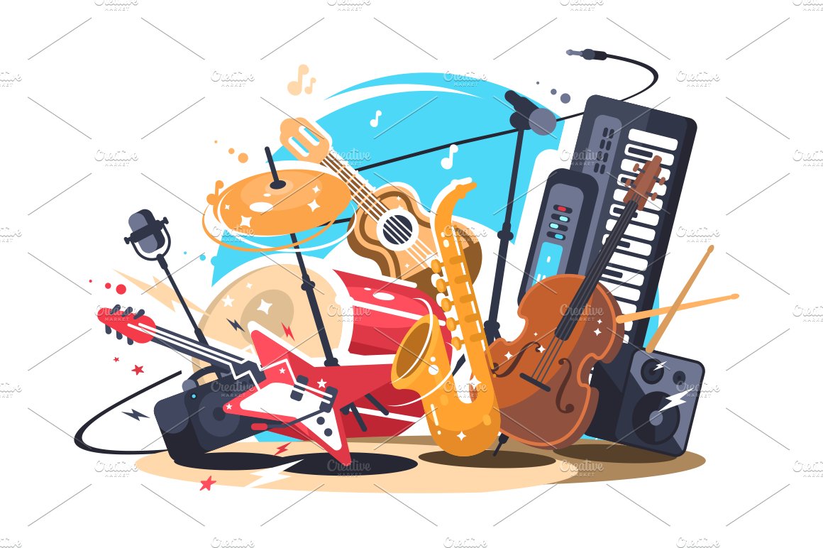 Musical instruments on stage cover image.