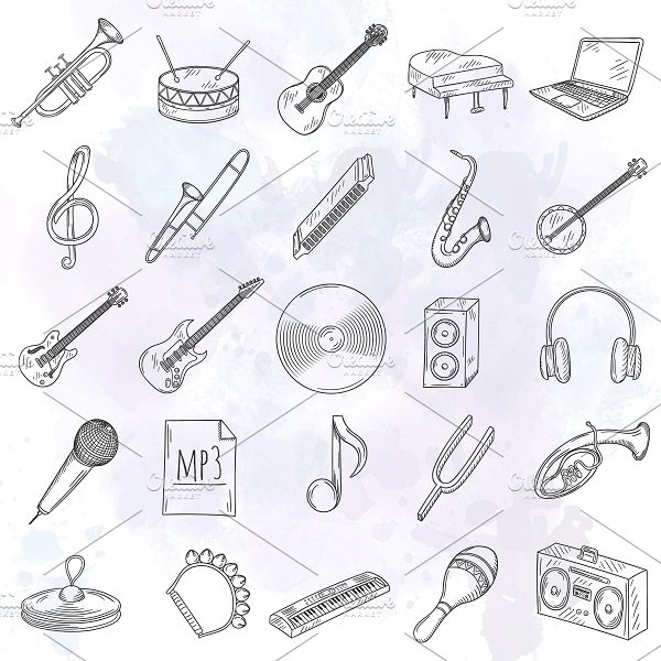 Set of hand drawn music icons. cover image.