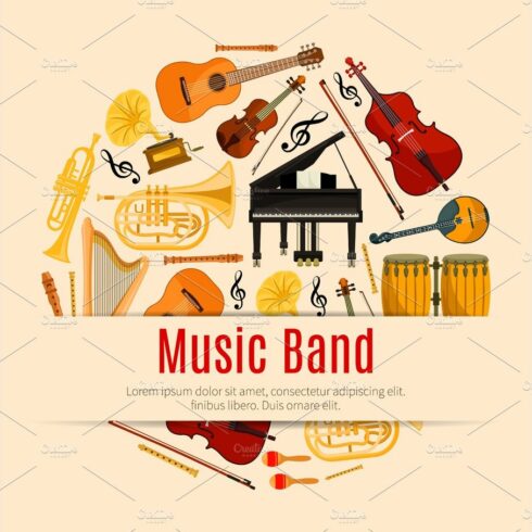 Musical instruments music band vector poster cover image.