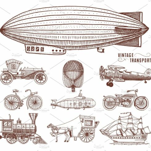 Submarine, boat and car, motorbike, Horse-drawn carriage. airship or dirigi... cover image.