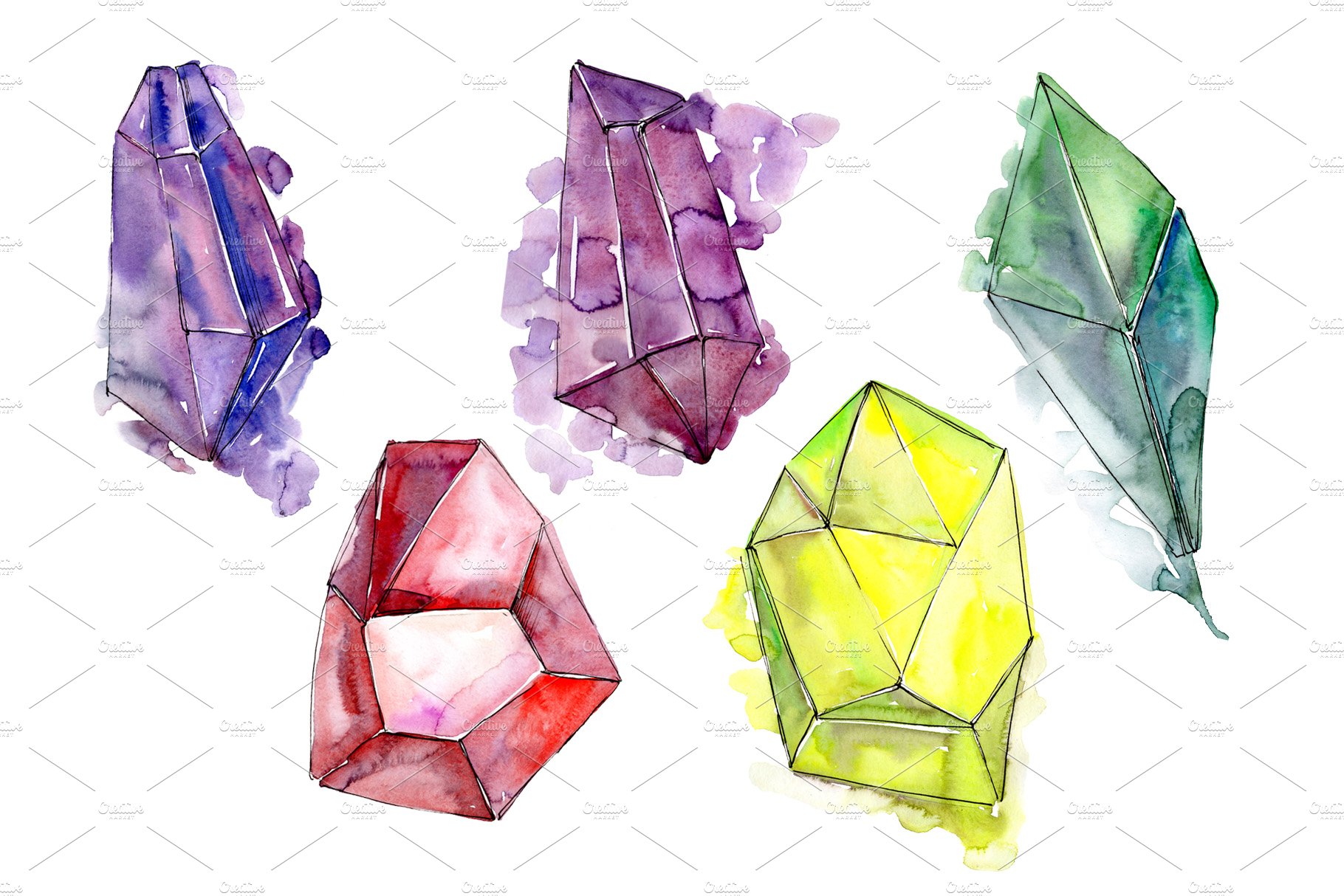 Colorful crystals PNG watercolor set cover image.