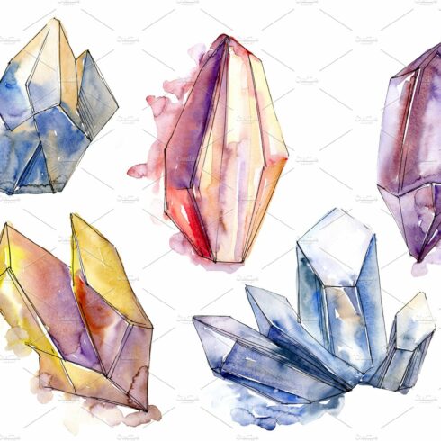 Cool crystals PNG watercolor set cover image.