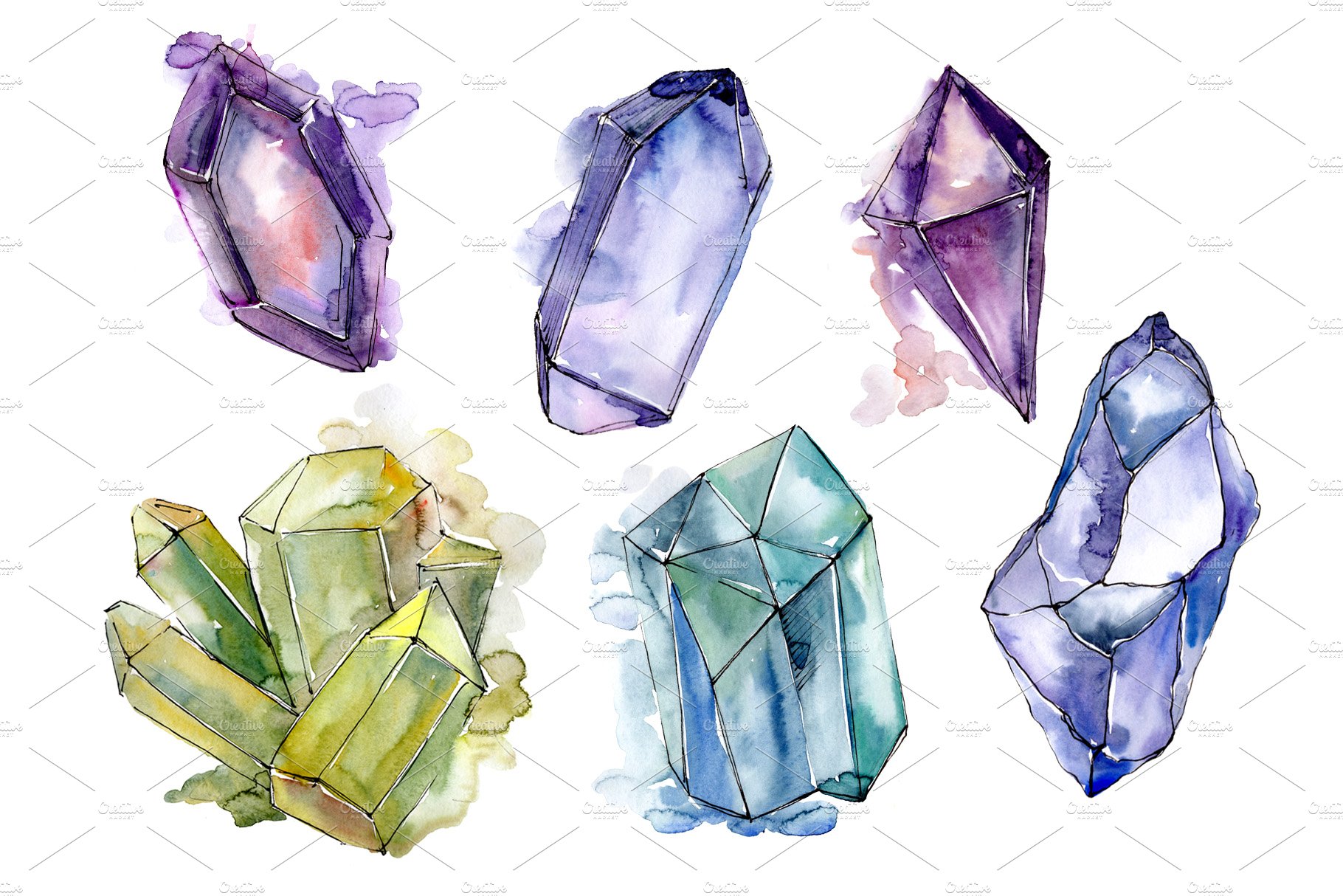 Aquarelle crystals mineral PNG set cover image.