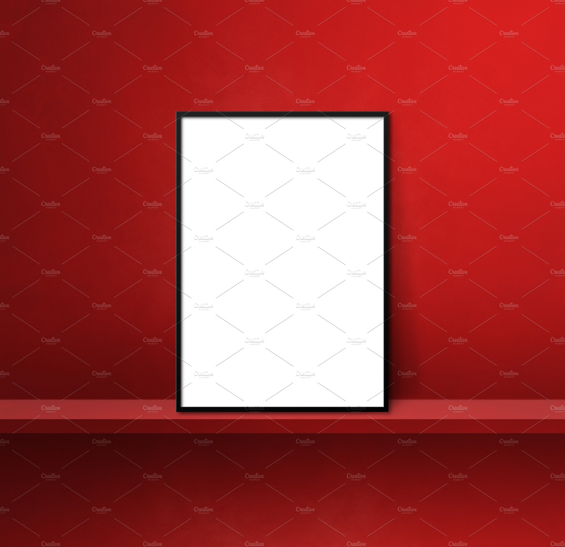 Black picture frame leaning on a red shelf. 3d illustration. Squ cover image.