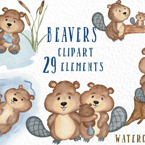 Watercolor animals Beavers clipart cover image.