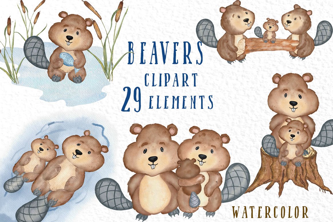 Watercolor animals Beavers clipart cover image.