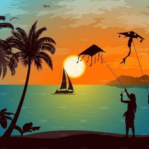 People with Kites on Tropical Beach cover image.
