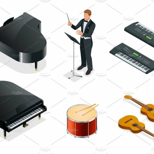 Isometric Musical instruments icons vector realistic set cover image.