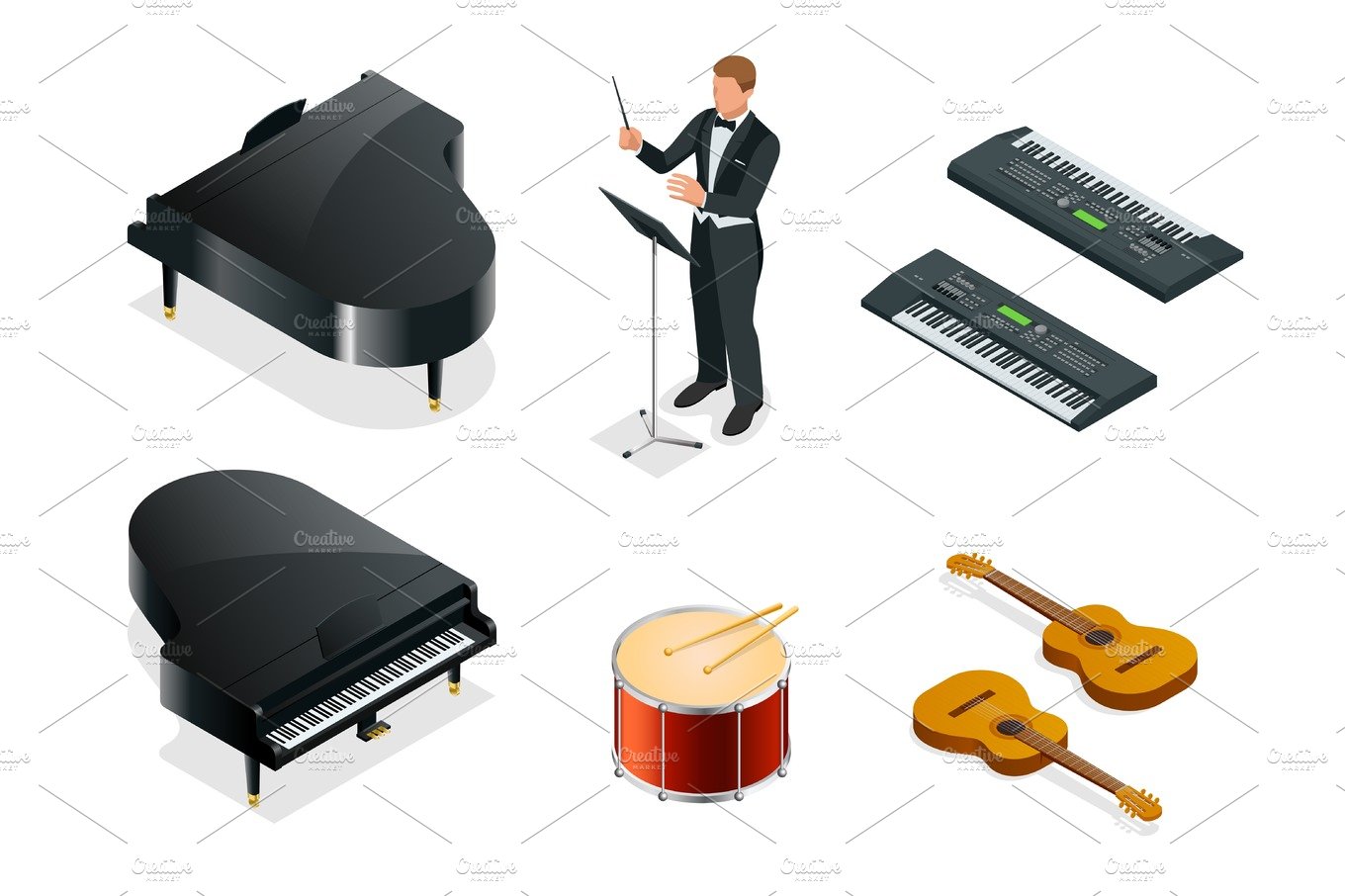 Isometric Musical instruments icons vector realistic set cover image.