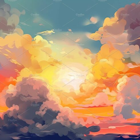 Illustrated sky with clouds, sun, stars, and sunrise or sunset. cover image.