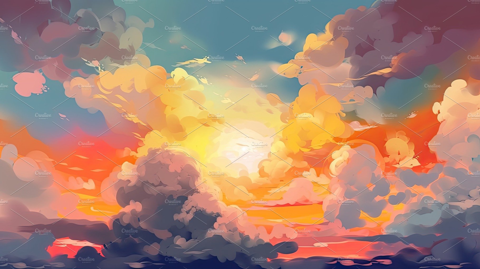 Illustrated sky with clouds, sun, stars, and sunrise or sunset. cover image.