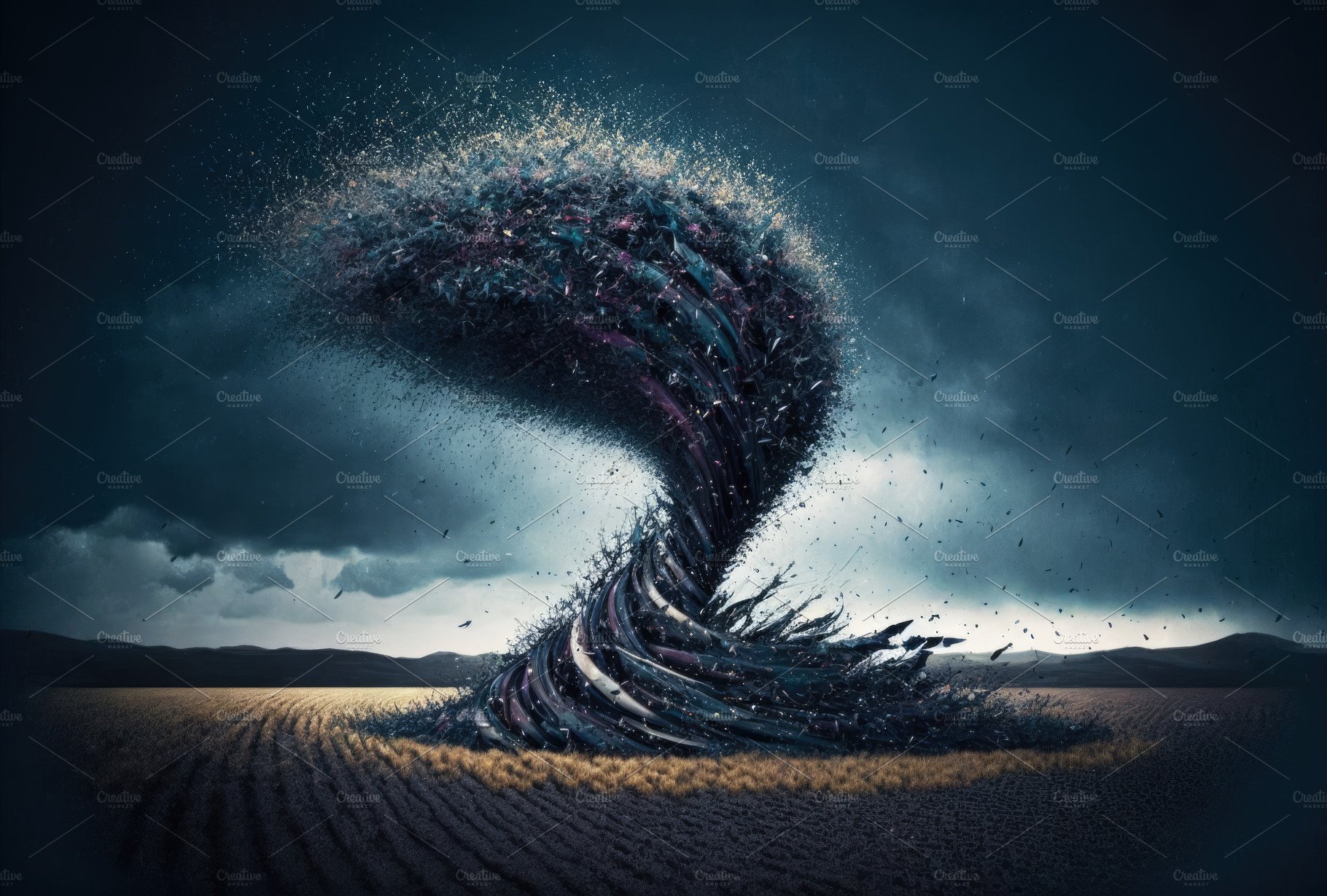 Painting of a dramatic tornado in the filed. Generative AI cover image.