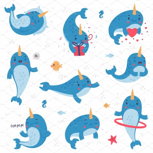 Cute baby narwhal set. Funny sea cover image.