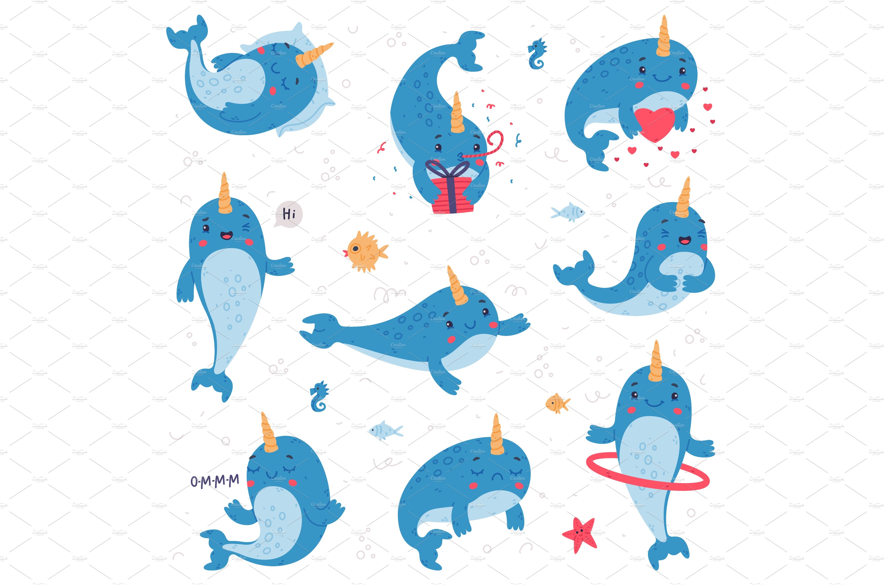 Cute baby narwhal set. Funny sea cover image.