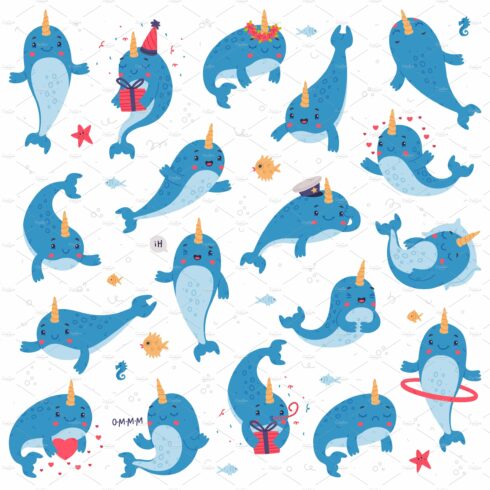 Cute baby narwhal character set cover image.