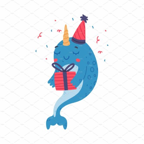 Funny cute baby narwhal in party cover image.