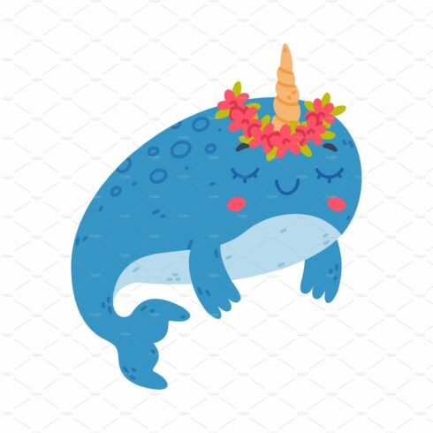 Funny cute baby narwhal in wreath cover image.