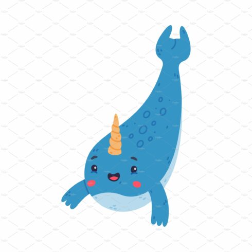 Cute happy baby narwhal. Swimming cover image.