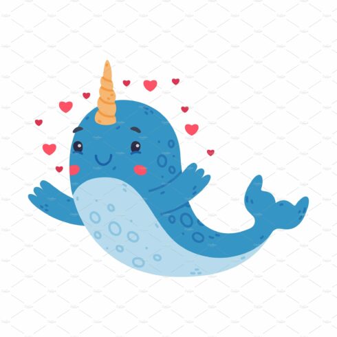 Funny cute baby narwhal surrounded cover image.