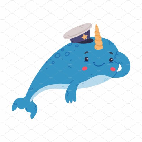 Funny cute narwhal sailor. Sea cover image.