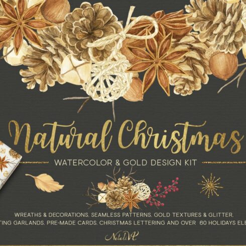 Natural Christmas. Watercolor & Gold cover image.