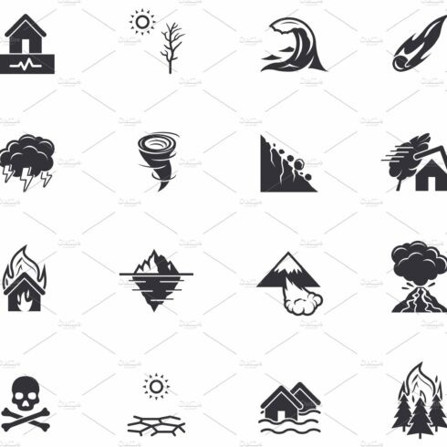 Natural disaster catastrophe icons cover image.