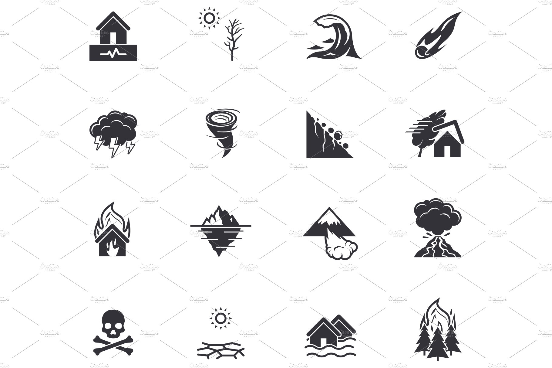 Natural disaster catastrophe icons cover image.