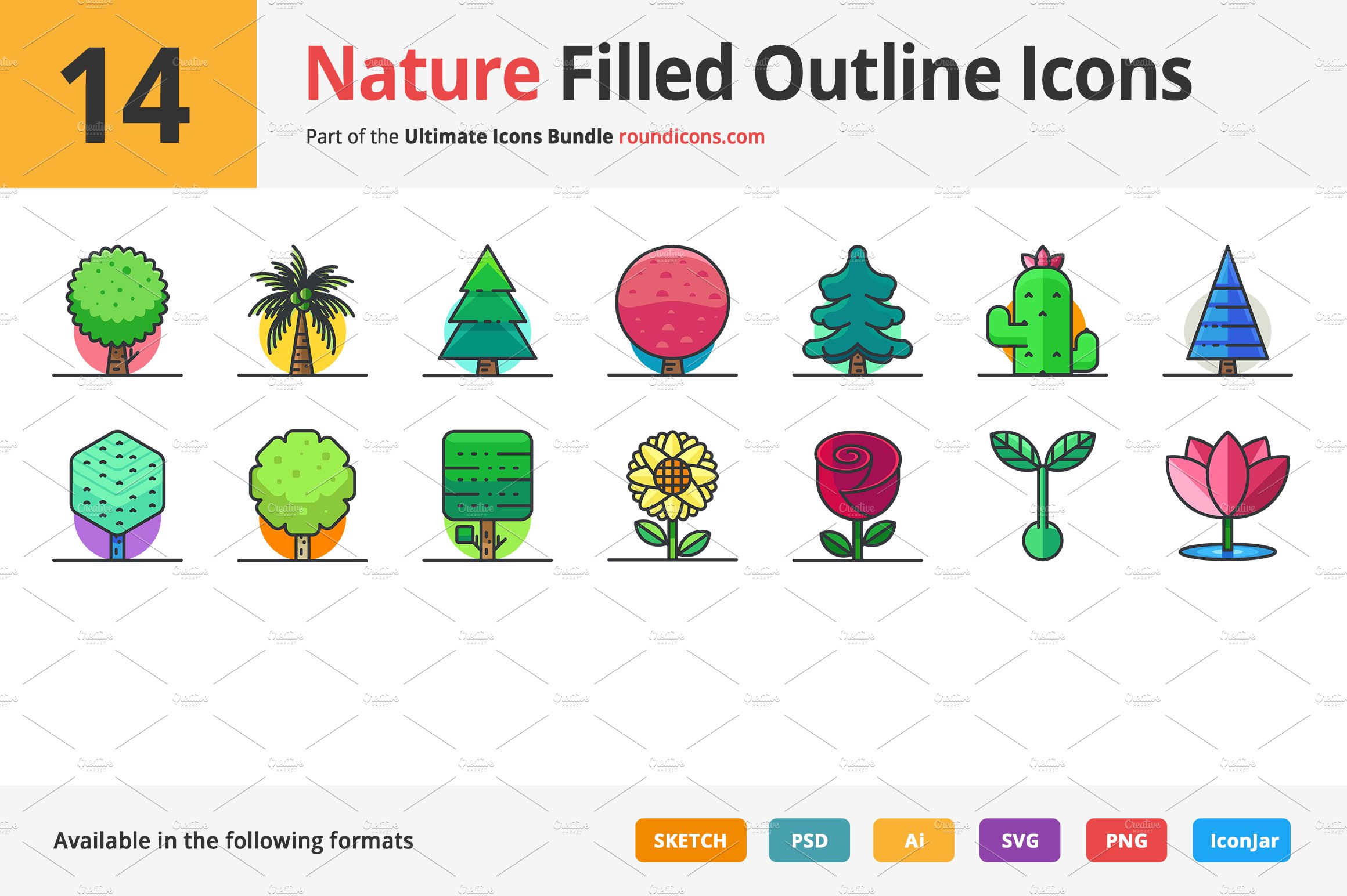14 Nature Filled Outline Icons cover image.