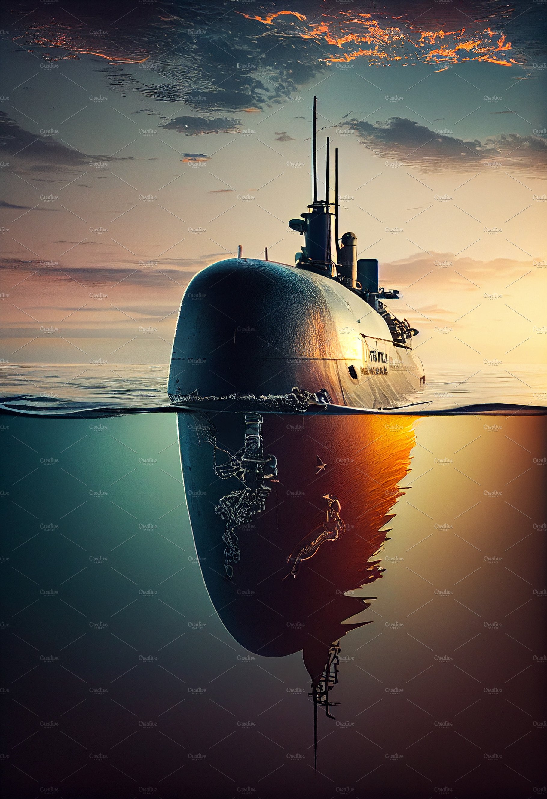 Naval submarine on the sea surface. Military submarine on the water cover image.