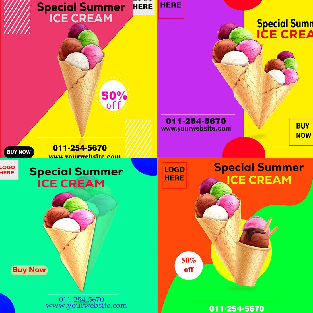 4 high quality ice cream social media ads templates preview image.