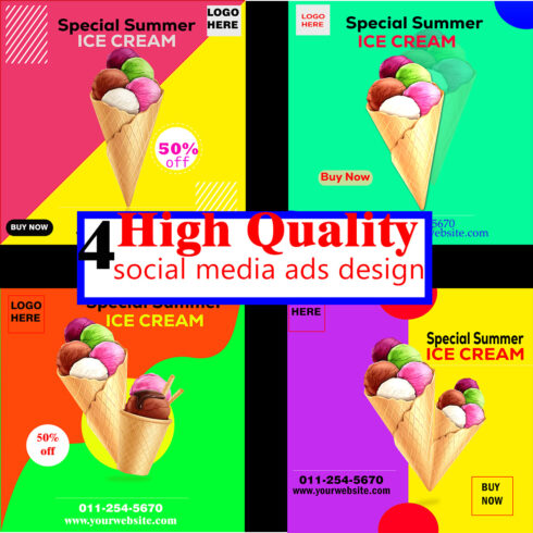 4 high quality ice cream social media ads templates cover image.