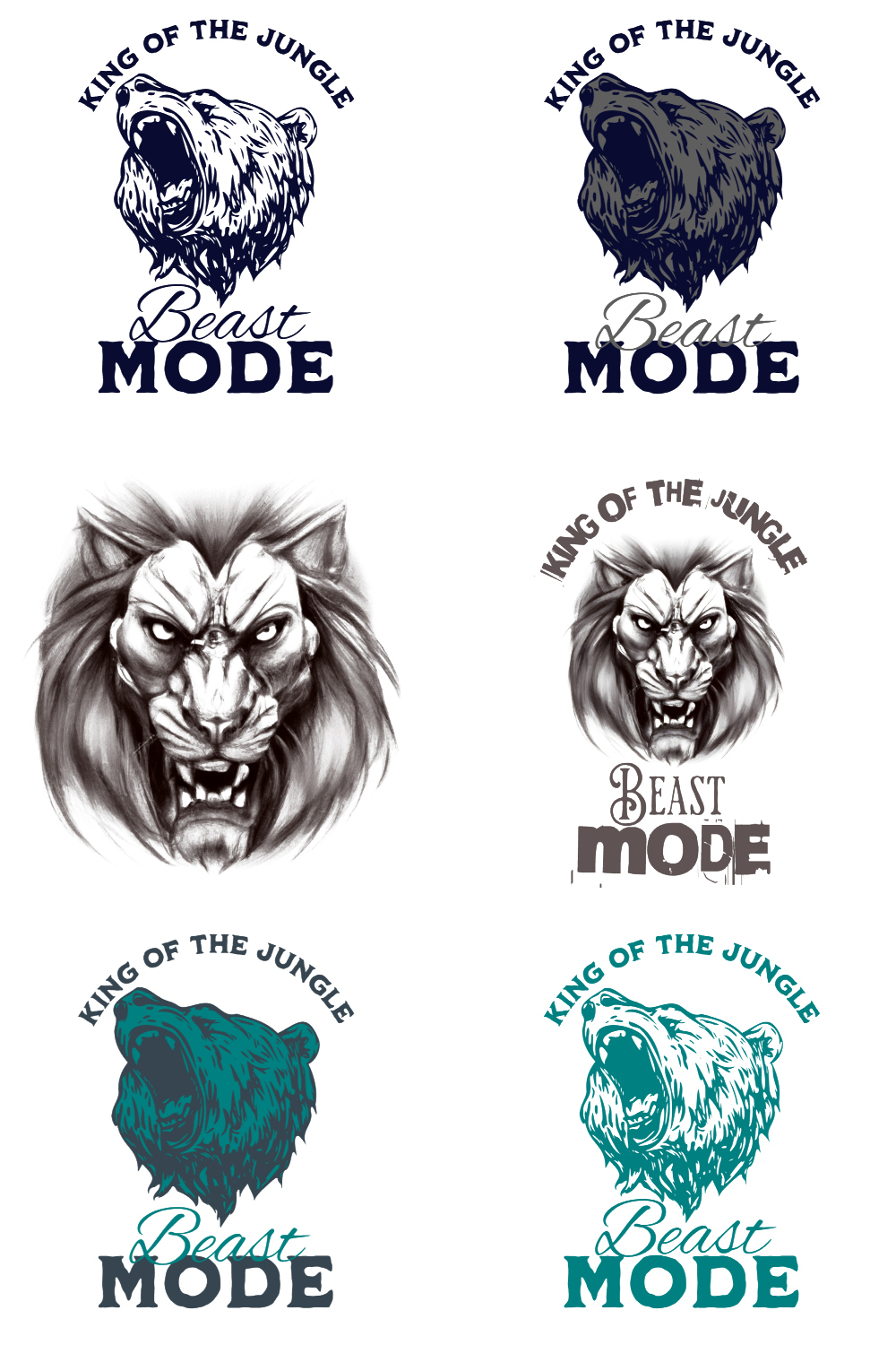 6 vintage tshirt design bundle "King of the Jungle, Beast Mode" pinterest preview image.