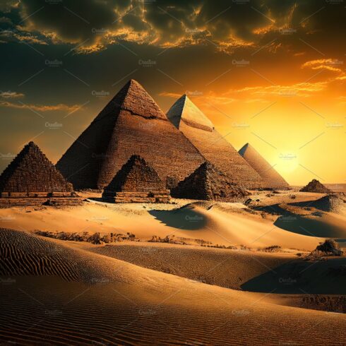 Pyramids in desert at sunset cover image.