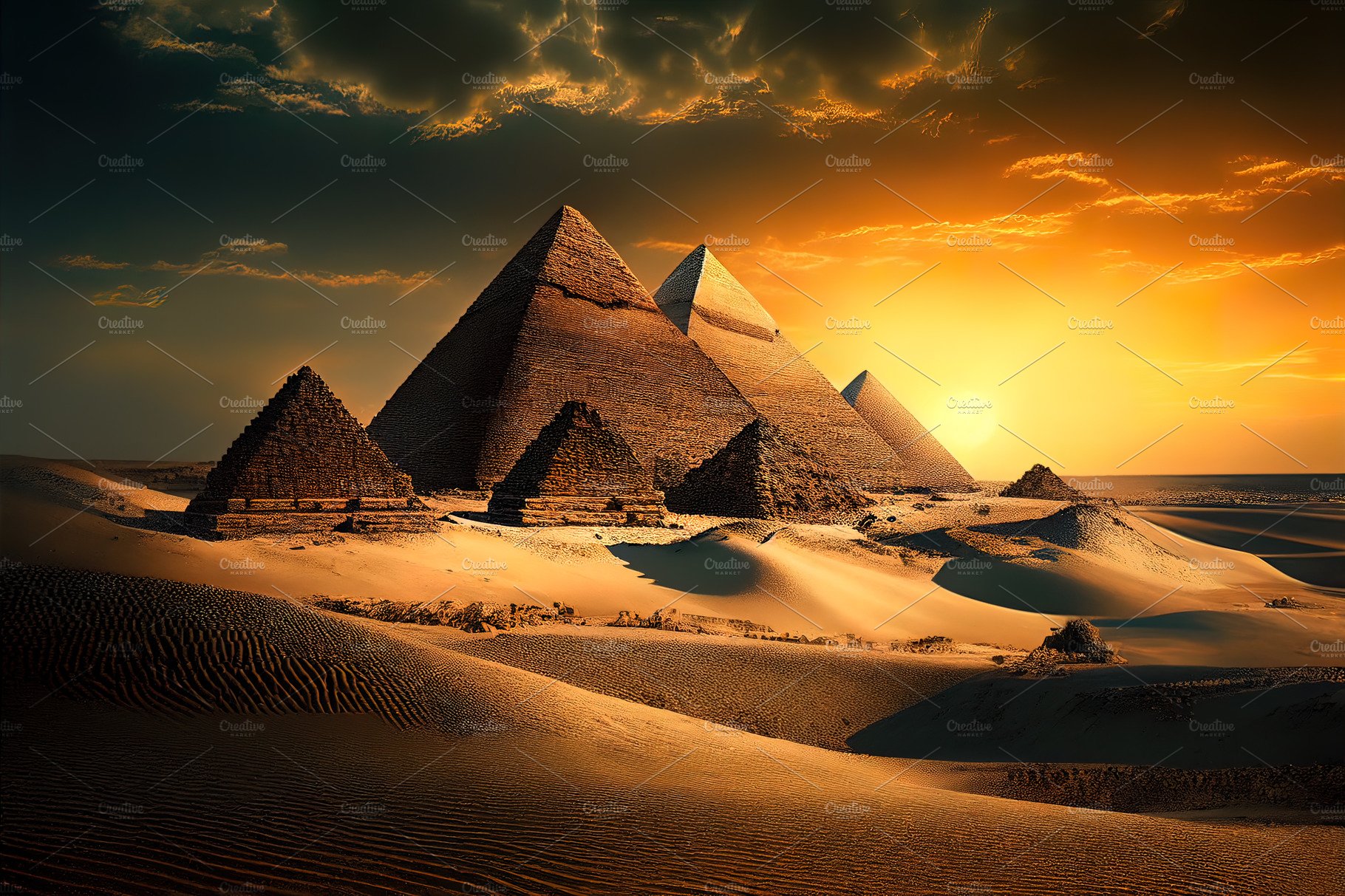 Pyramids in desert at sunset cover image.