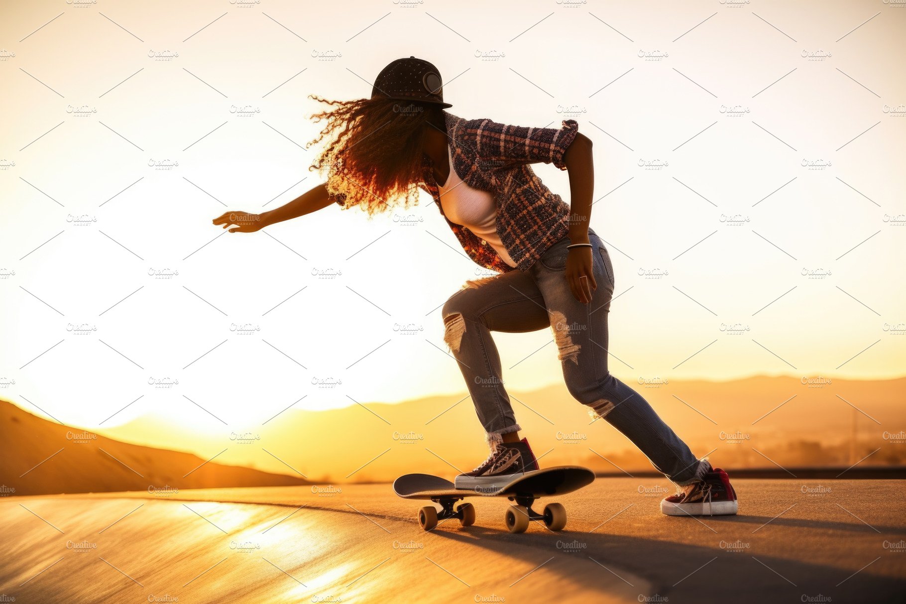 Young woman skateboarding at sunset cover image.