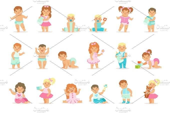 Adorable Smiling Babies And Toddlers In Blue And Pink Outfits Doing First S... cover image.