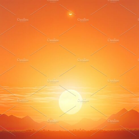 Hot sunset with a red sun on the background in the summer. Generative AI cover image.