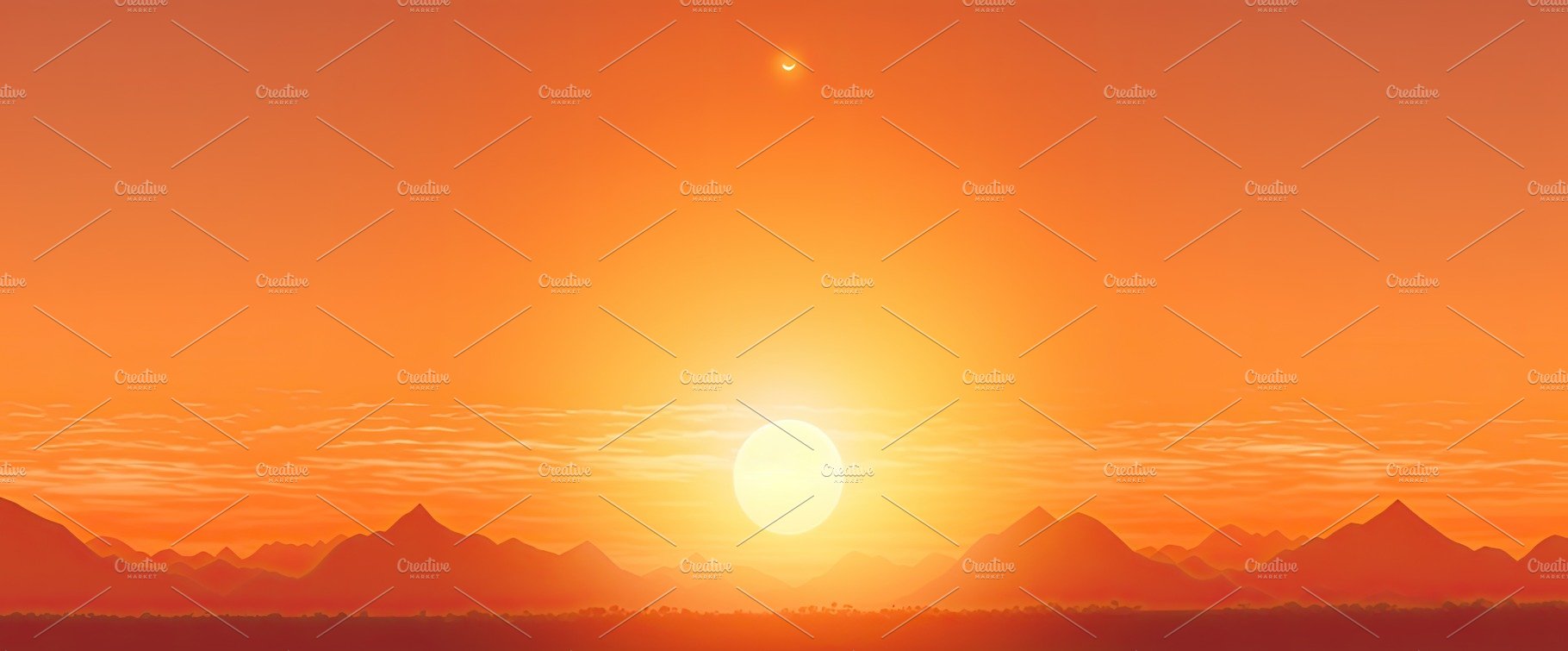 Hot sunset with a red sun on the background in the summer. Generative AI cover image.