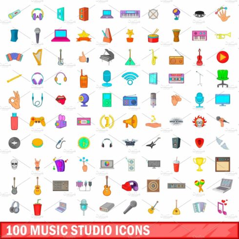 100 music studio icons set, cartoon cover image.