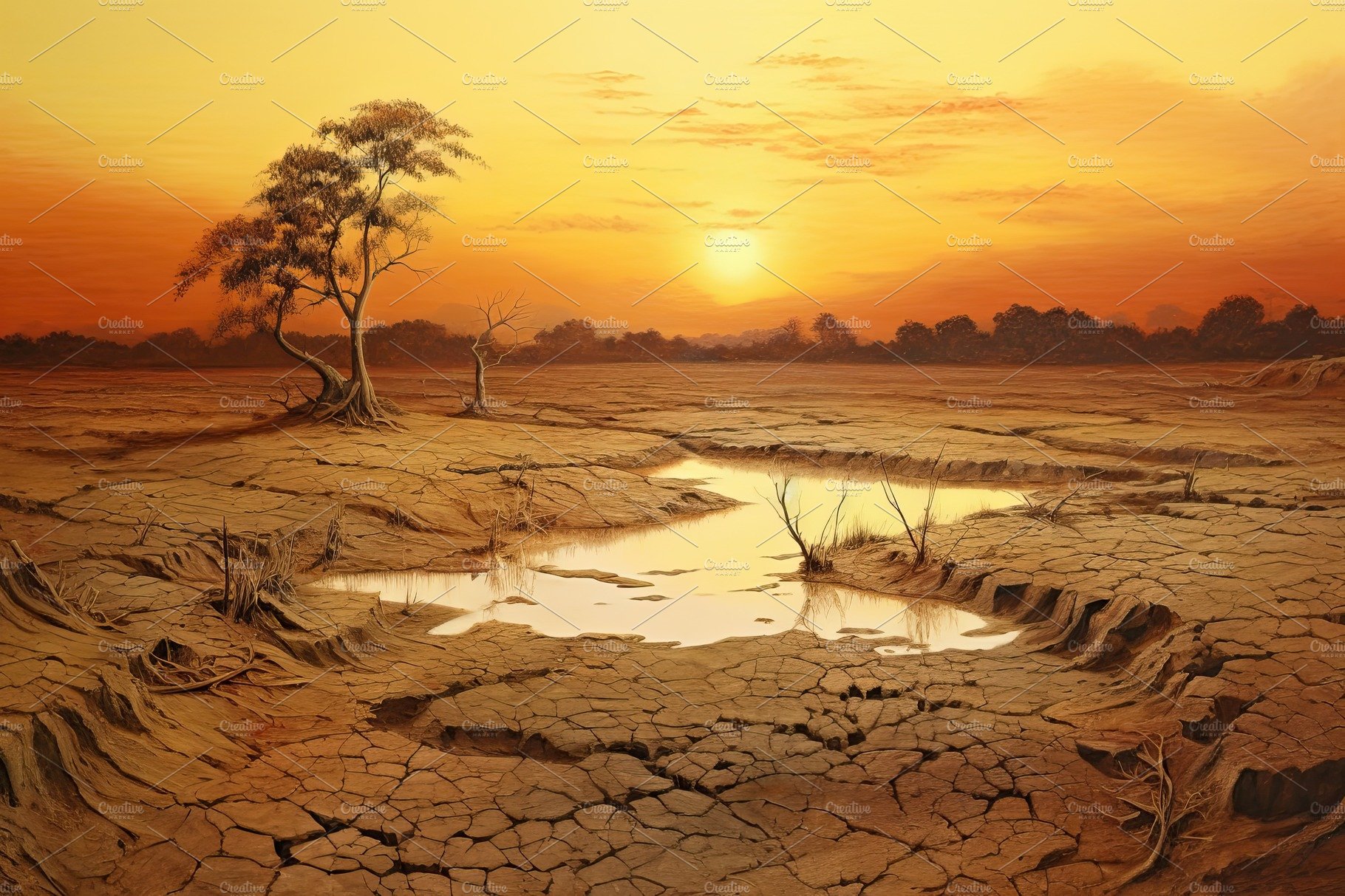 Dry land at sunset, representing drought and lack of water, climate change ... cover image.