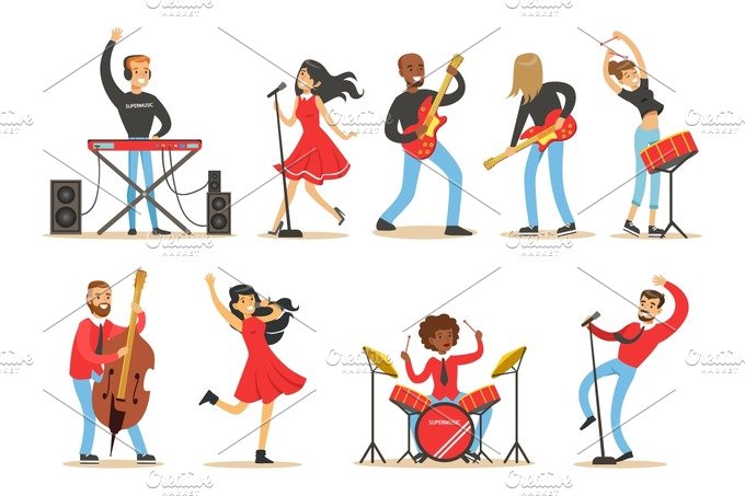 Artists Playing Music Instruments And Singing On Stage Concert Set Of Music... cover image.