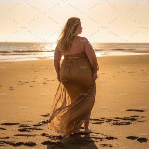 Back of fat woman enjoys the sea at sunset. Overweight people. G cover image.